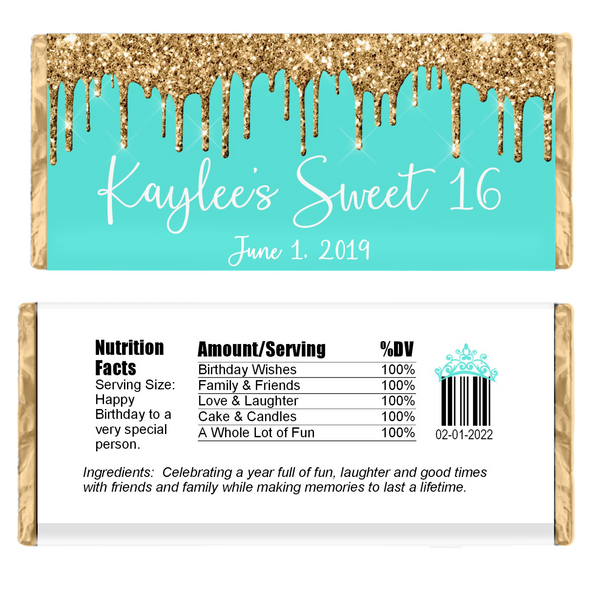 Glitter Drip Candy Bar Wrapper-Teal/Gold