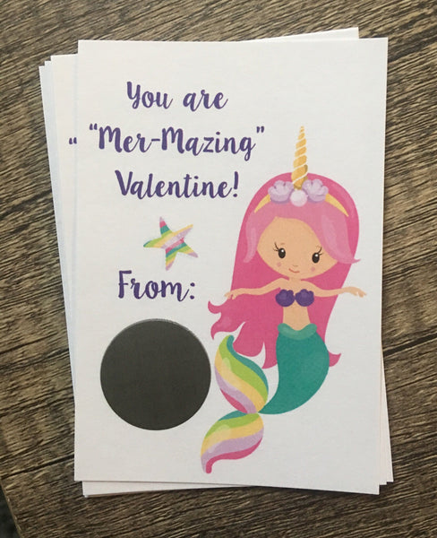 Mermaid Unicorn Valentine's Day Scratch Off Cards - Cathy's Creations - www.candywrappershop.com