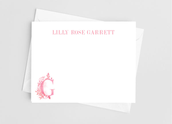 Pink Floral Single Initial Monogram Flat Note Cards - Cathy's Creations - www.candywrappershop.com